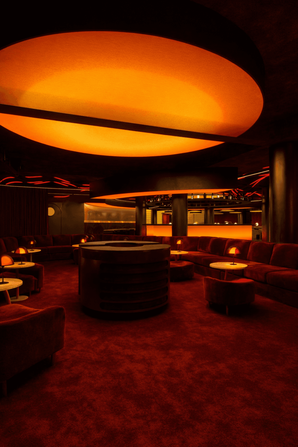 Dark nightclub hall under a giant amber sun disc.