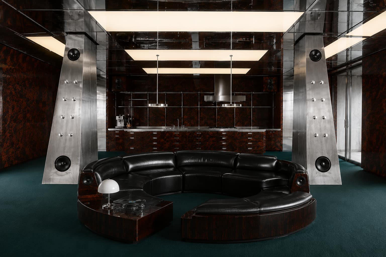 Circular brown leather lounge under twin light bars.