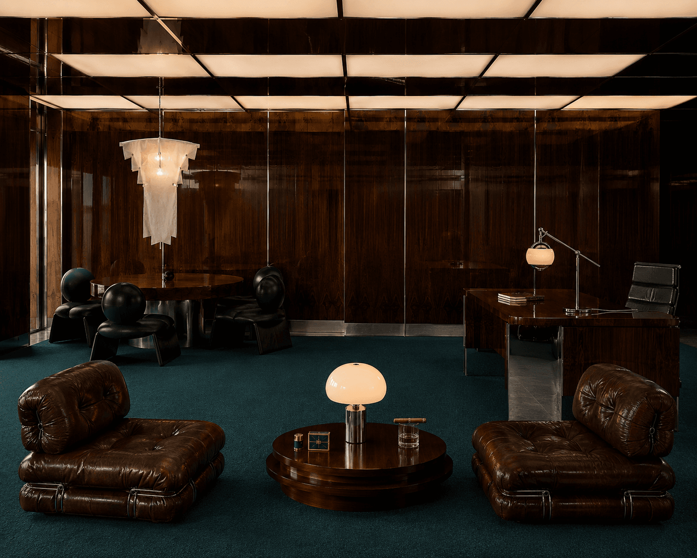 Dark wood lounge with black leather seating facing a glowing red sun over the garden.