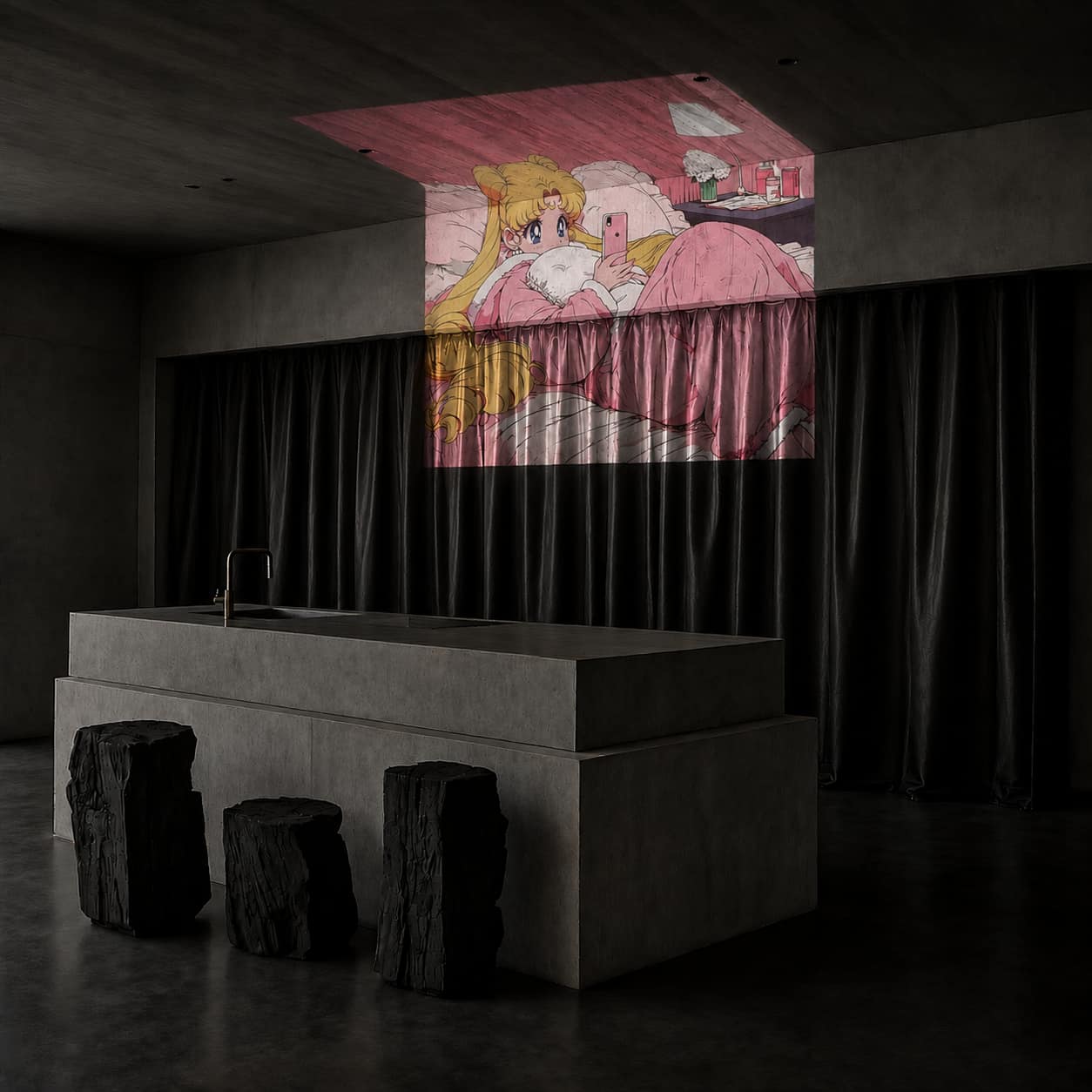 Anime projection over a concrete altar with candles.