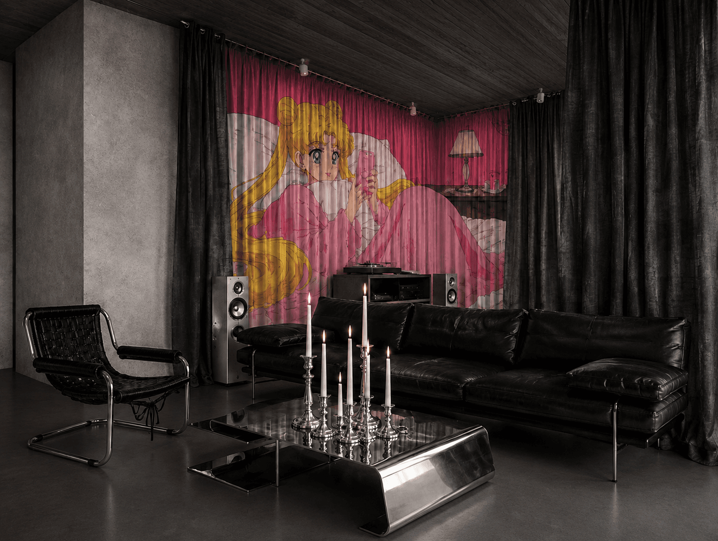 Dark living room with black leather sofa and pink anime mural.