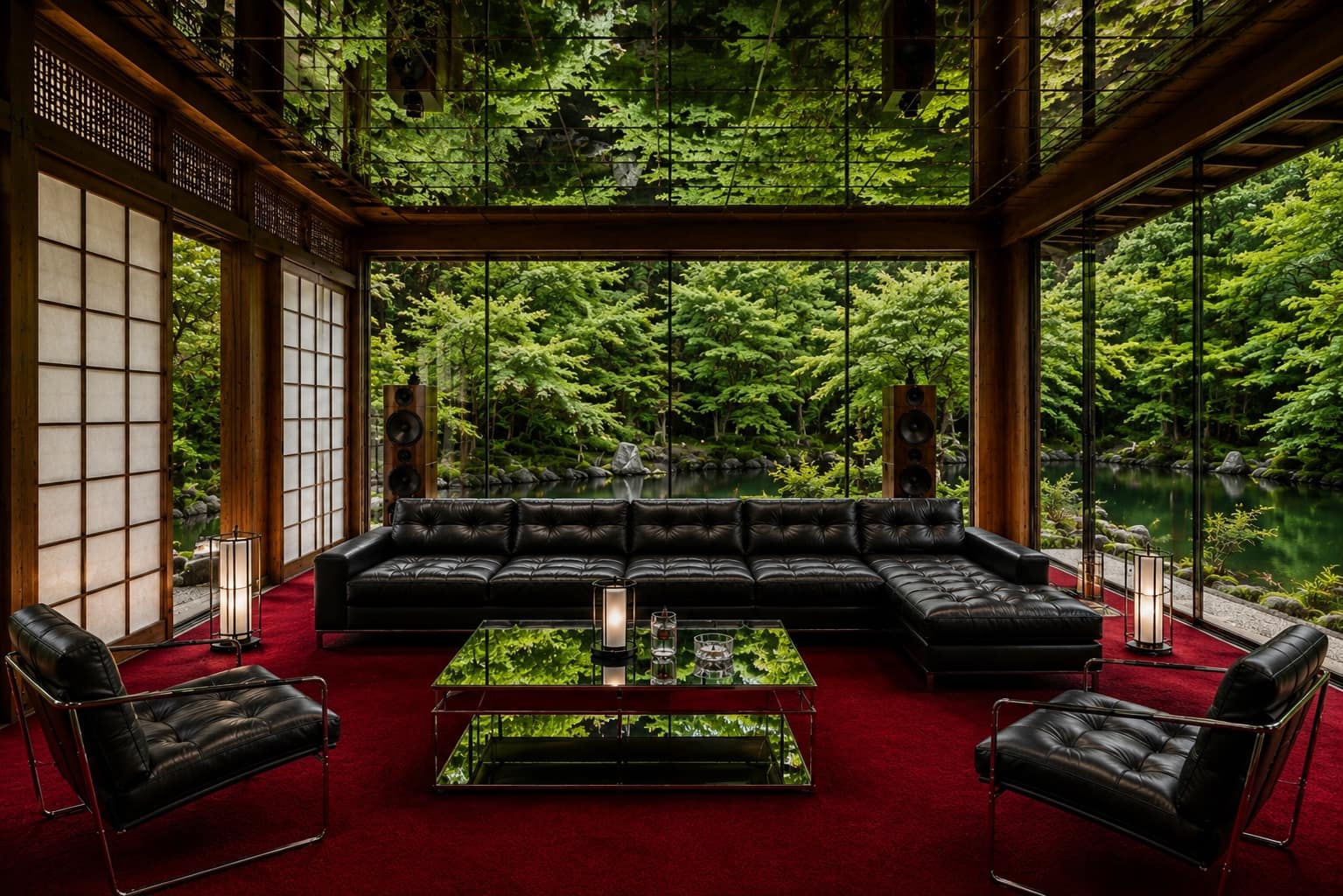 Glass lounge with red carpet, black sofas and forest view