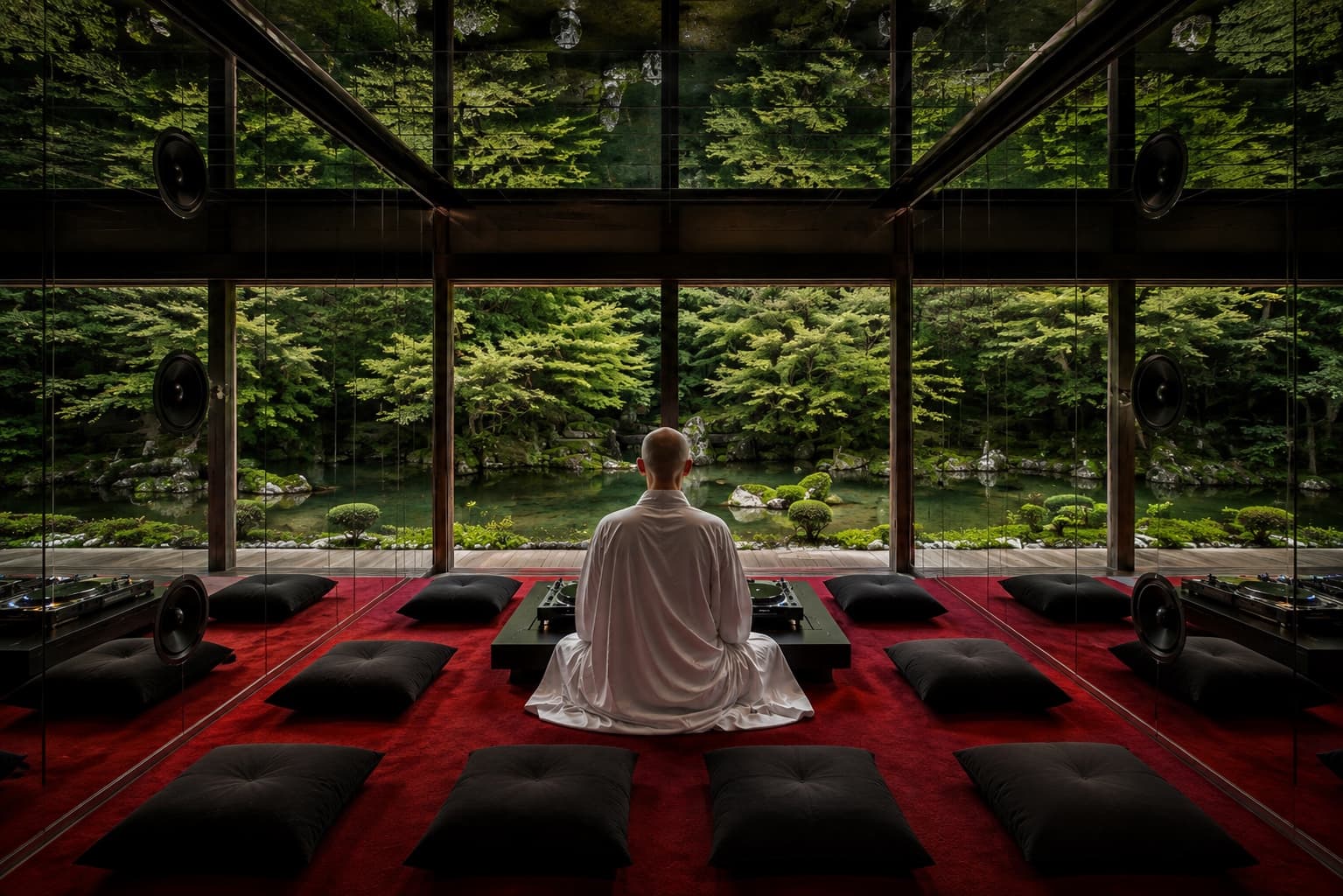 Glass pavilion with red carpet and black leather seating facing the forest.