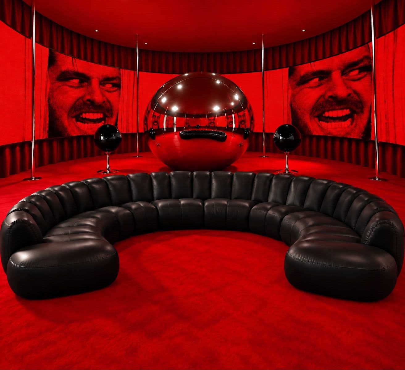 Red screening room with circular black sofa.